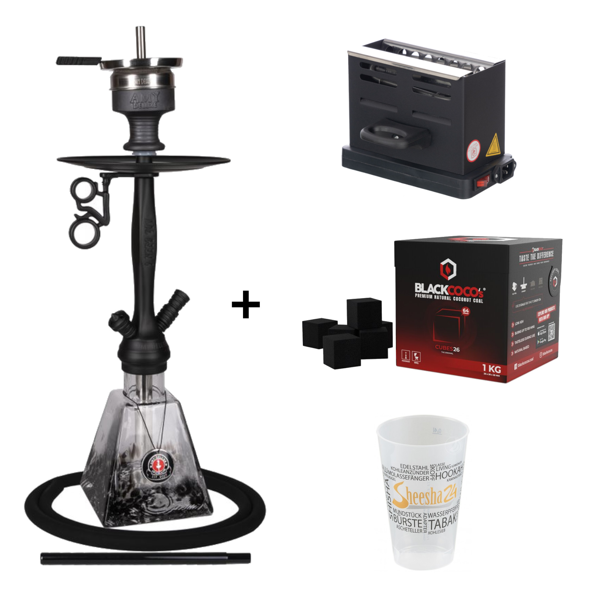 Premium Shisha Set: AMY 038 I need you schwarz2 + Kohle + Anzünder + Becher